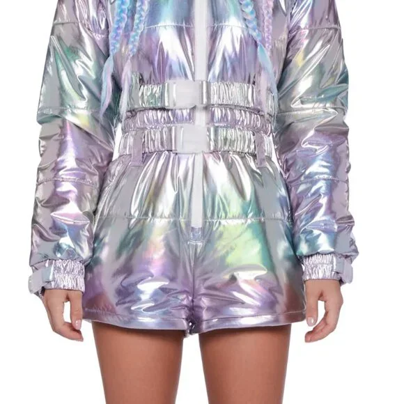 NWT Aurora Beam Holographic Snowsuit Sm Removable Sleeves Faux Fur Hood dopamine - Picture 5 of 9